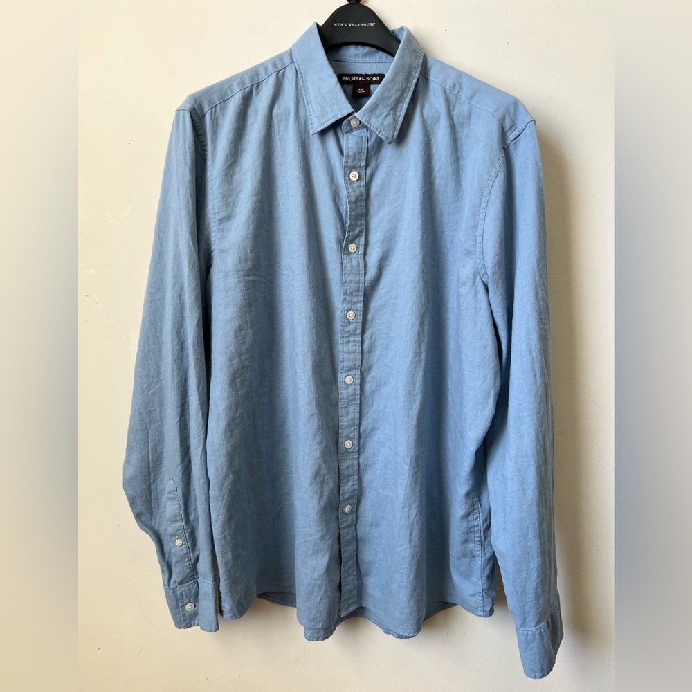 Michael Kors Men's Blue Linen Blend Button-Up Shirt
